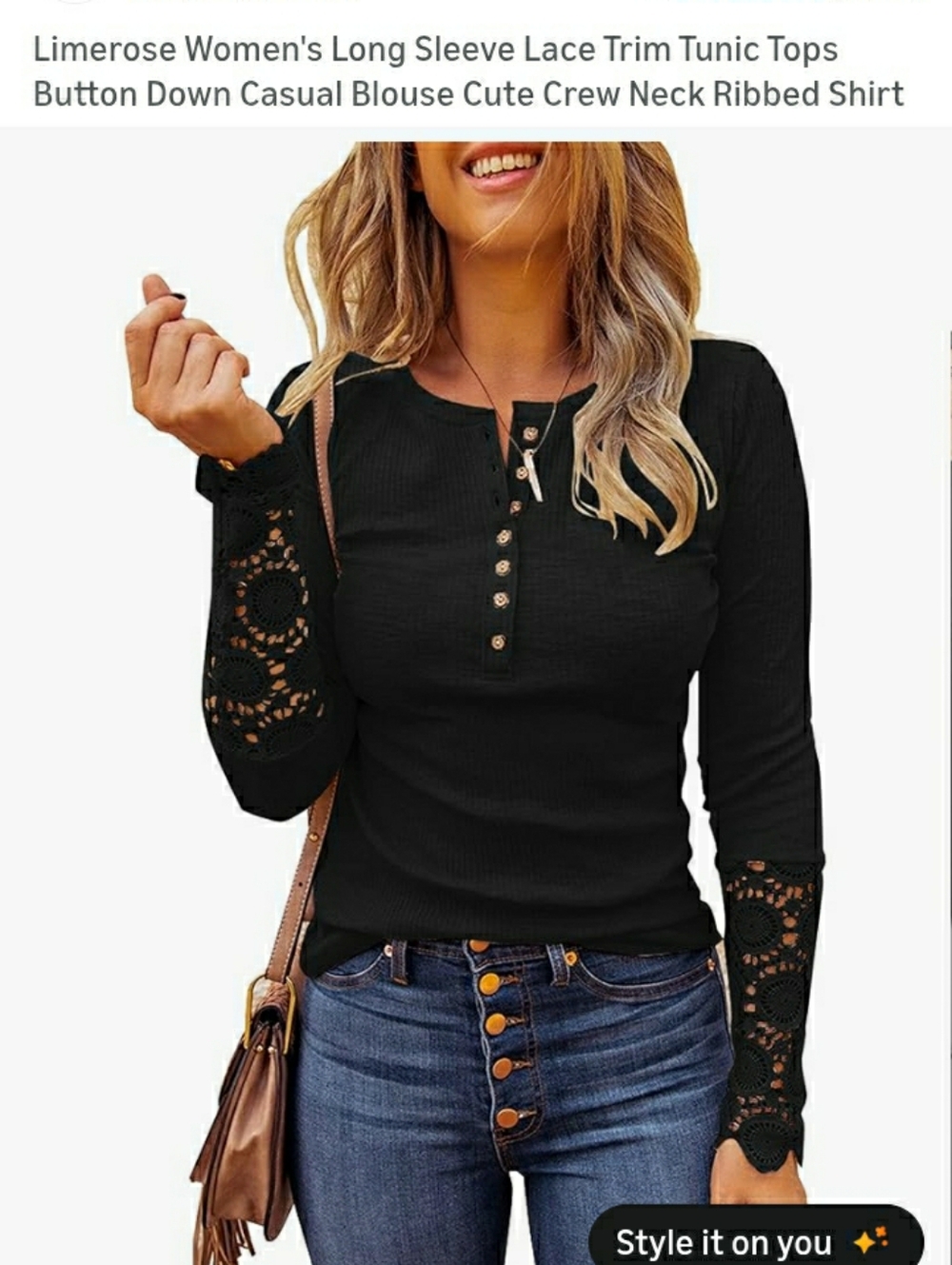 Black Long-Sleeve Henley Top with Lace Bell Sleeves